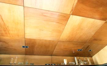 Semigloss-treated plywood ceiling in herringbone_pattern