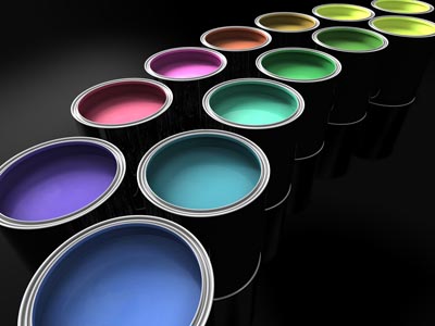 Cans of different coloured paint